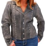 Front view women's rivet trim leather motorcycle jacket