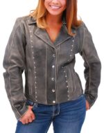 Front view women's rivet trim leather motorcycle jacket