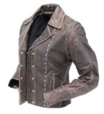 Side view women's vintage leather motorcycle jacket
