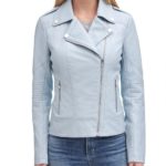 Women's Sky Blue Color Cycle Leather Jacket