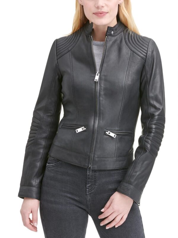 Women's Stitch Shoulder Leather Jacket With Nipped Waist - Image 3