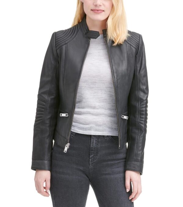 Women's Stitch Shoulder Leather Jacket With Nipped Waist - Image 4