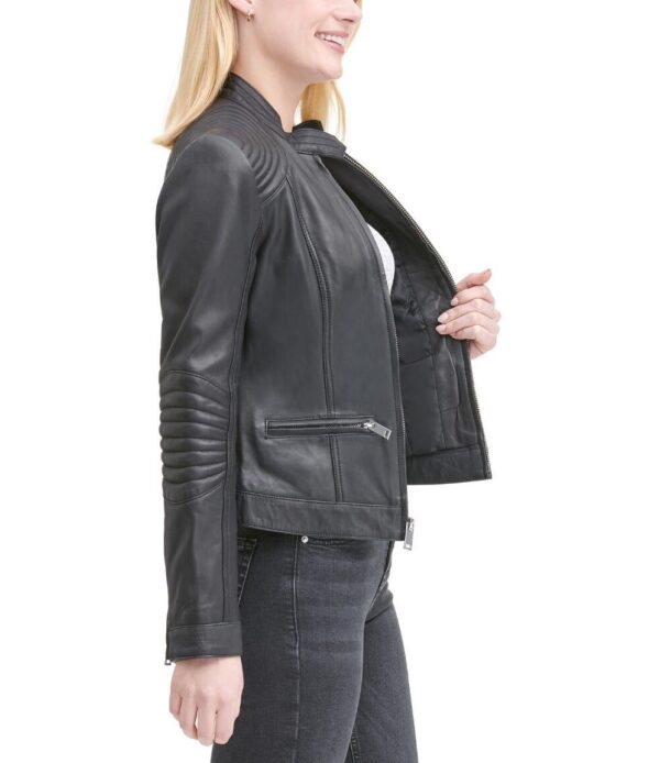 Women's Stitch Shoulder Leather Jacket With Nipped Waist - Image 5
