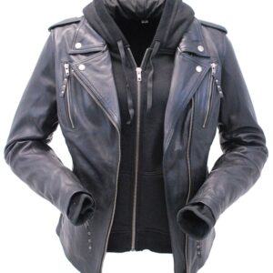 Women’s vented motorcycle jacket with removable hoodie front view