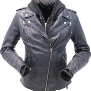 Stylish vented riding jacket for women with detachable hoodie