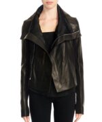Front view of women’s wide collar black leather biker jacket with zip closure