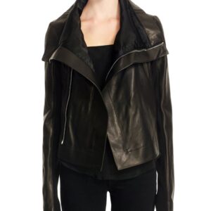 Front view of women’s wide collar black leather biker jacket with zip closure