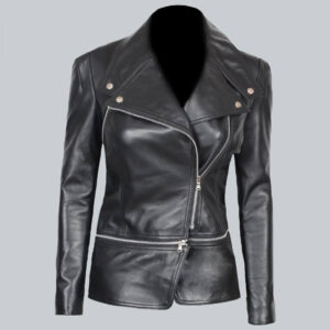 Front view of Alabama black leather biker jacket with asymmetrical zipper design