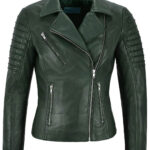 army green women's stylish biker leather jacket with zippers