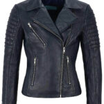 black women's stylish biker leather jacket with zipper details