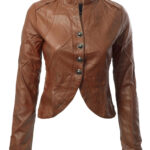 brown biker cropped leather jacket with zipper details