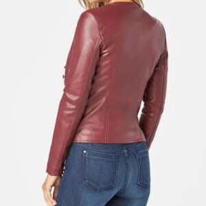 Back of chic red leather jacket with classic button closure