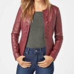 Flat lay of button detail red leather jacket showing inner lining