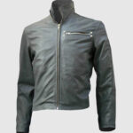 Front view of classical gray biker leather jacket with snap collar and zip closure
