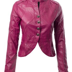 dark pink biker cropped leather jacket with zipper closure