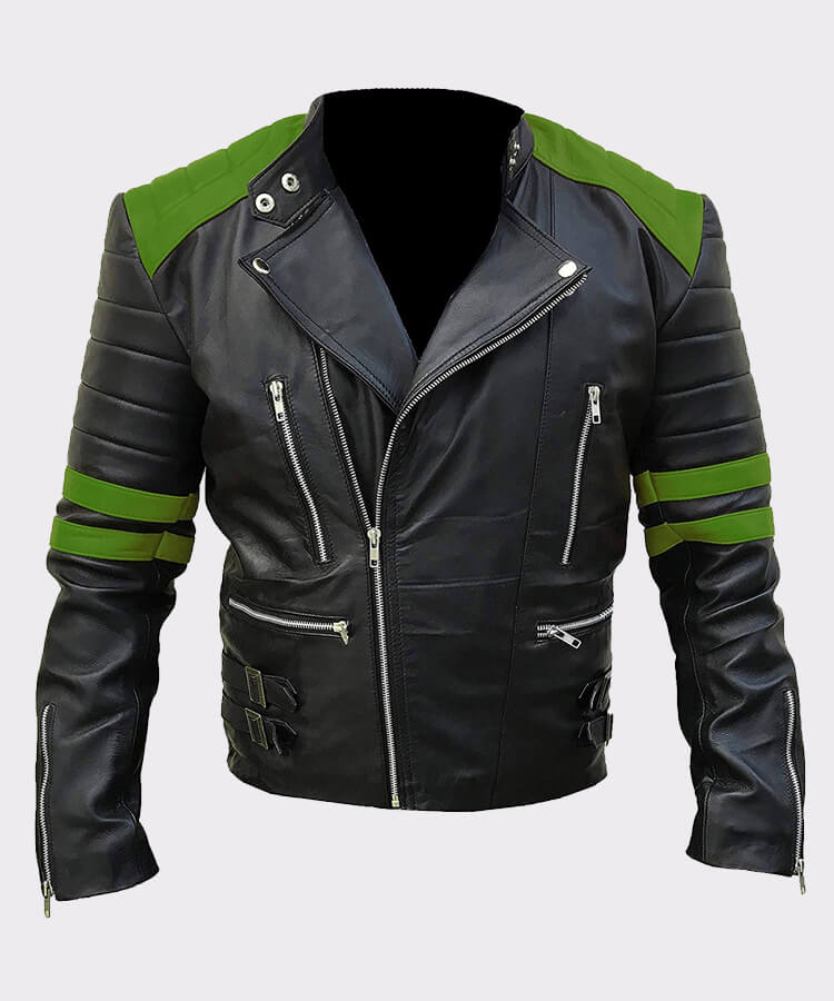 men's classic biker green and black leather jacket with zipper fastening men's classic biker green and black leather jacket with zipper fastening
