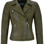 olive green women's stylish biker leather jacket with metallic zippers