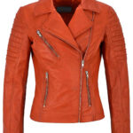 orange women's stylish biker leather jacket with zippered pockets