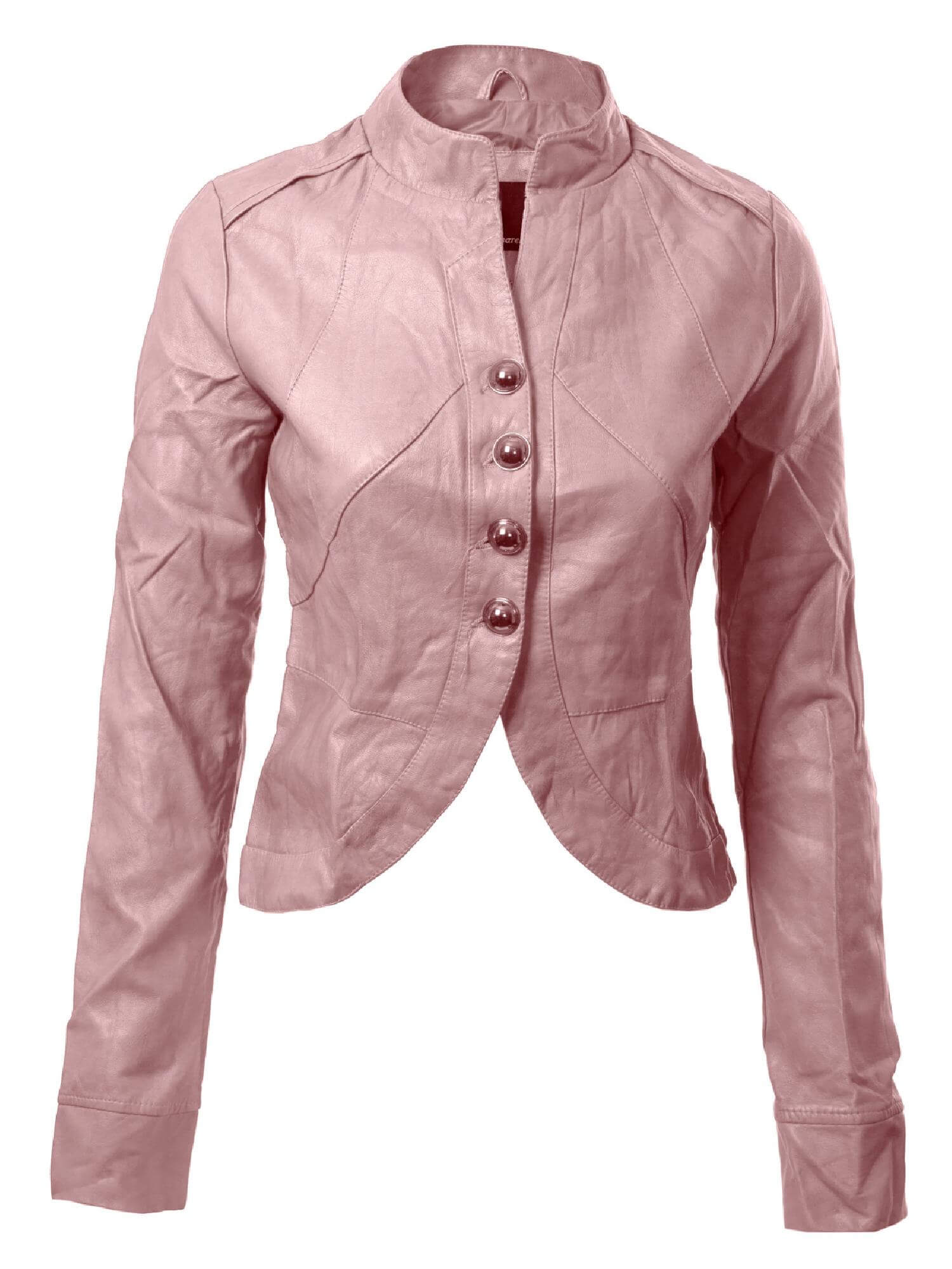 Front view of pale pink biker cropped leather jacket with silver zipper details Front view of pale pink biker cropped leather jacket with silver zipper details