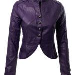purple biker cropped leather jacket with zipper details