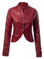 red biker cropped leather jacket with metallic zippers