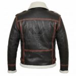 Back View of Resident Evil 4 Leon Kennedy Jacket featuring brown leather trim, shoulder epaulets, a white shearling collar, and a matching shearling hem.