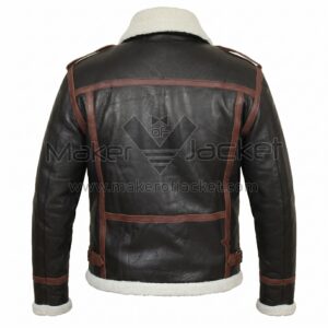 Back View of Resident Evil 4 Leon Kennedy Jacket featuring brown leather trim, shoulder epaulets, a white shearling collar, and a matching shearling hem.