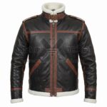 Front View of Resident Evil 4 Leon Kennedy Jacket featuring brown leather trim, white shearling collar and cuffs, a belted neck, and a front zipper with brown piping.