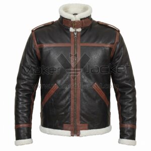 Front View of Resident Evil 4 Leon Kennedy Jacket featuring brown leather trim, white shearling collar and cuffs, a belted neck, and a front zipper with brown piping.