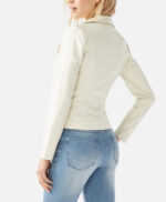 Side profile of fitted studded white leather moto jacket for women