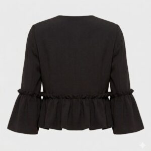 Women's Black Peplum Style Ruffle Trim Open Front Jacket Back