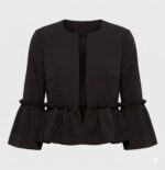 Women's Black Peplum Style Ruffle Trim Open Front Jacket Front