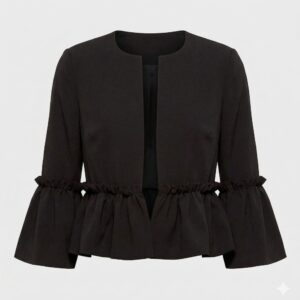 Women's Black Peplum Style Ruffle Trim Open Front Jacket Front