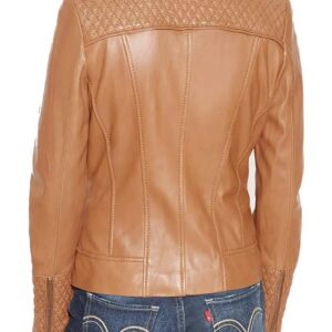 Back of quilted stitching details and metallic zippers on brown biker jacket
