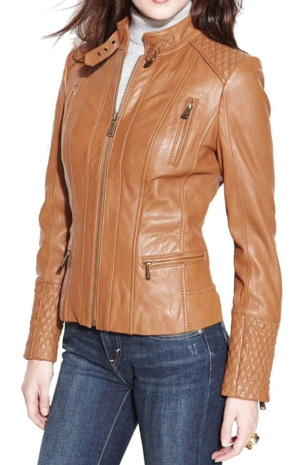 Women's Brown Quilted Biker Jacket (2) Front view of women's brown quilted biker jacket with zipper closure and lapel collar