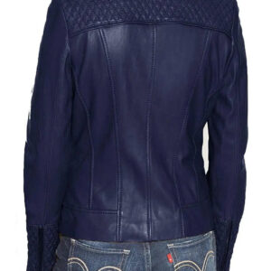 Back of quilted leather texture and zippers on dark blue biker jacket