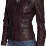 Front view of women's dark brown quilted biker jacket with zip closure and collar design
