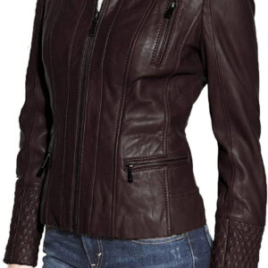 Front view of women's dark brown quilted biker jacket with zip closure and collar design