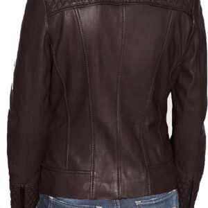 Back of quilted leather detailing and zipper pockets on brown biker jacket