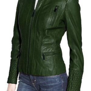 Side profile of women's biker jacket in green showing slim fit and quilted sleeves