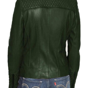 Back of women's dark green quilted biker jacket with zipper closure and lapel collar