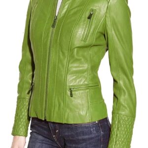 Front view of women's lime green quilted biker jacket with zipper and collar