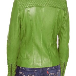 Back of quilted stitching and metallic zippers on lime green biker jacket