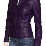 Front view of women's purple quilted biker jacket with zipper closure and lapel collar