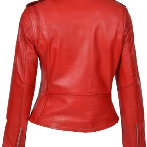 Back of red leather texture and metal hardware on cropped jacket