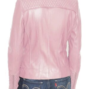 Back of quilted detailing and zipper pockets on pink biker jacket