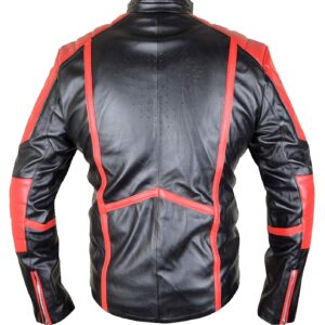 Back of Superman emblem on chest of black leather jacket