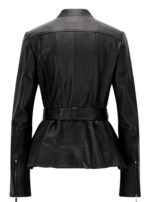 Black Trench Coat Belted Peplum Leather Jacket - Image 2