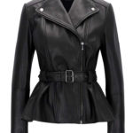 Black Trench Coat Belted Peplum Leather Jacket