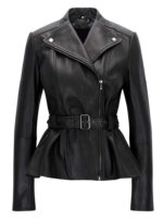 Black Trench Coat Belted Peplum Leather Jacket